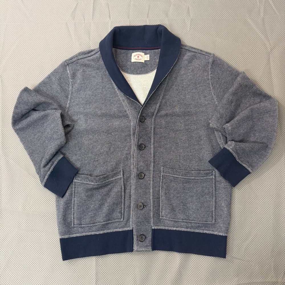 Brooks Brothers Red Fleece Cardigan Men L Navy Marled Shawl Collar Patch Pockets